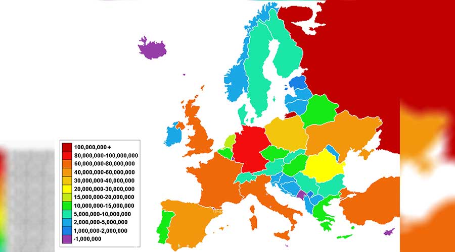 نقشه جمعیت کشورهای اروپا